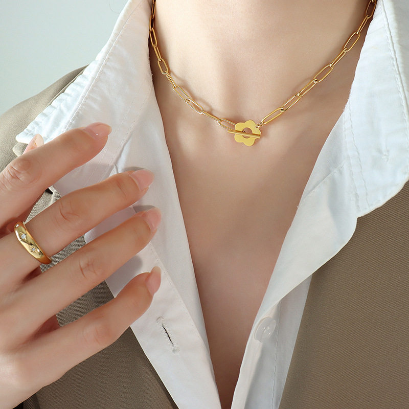 日韩ins小清新几何梅花OT扣个性粗链项链简约手链两件套首饰套装