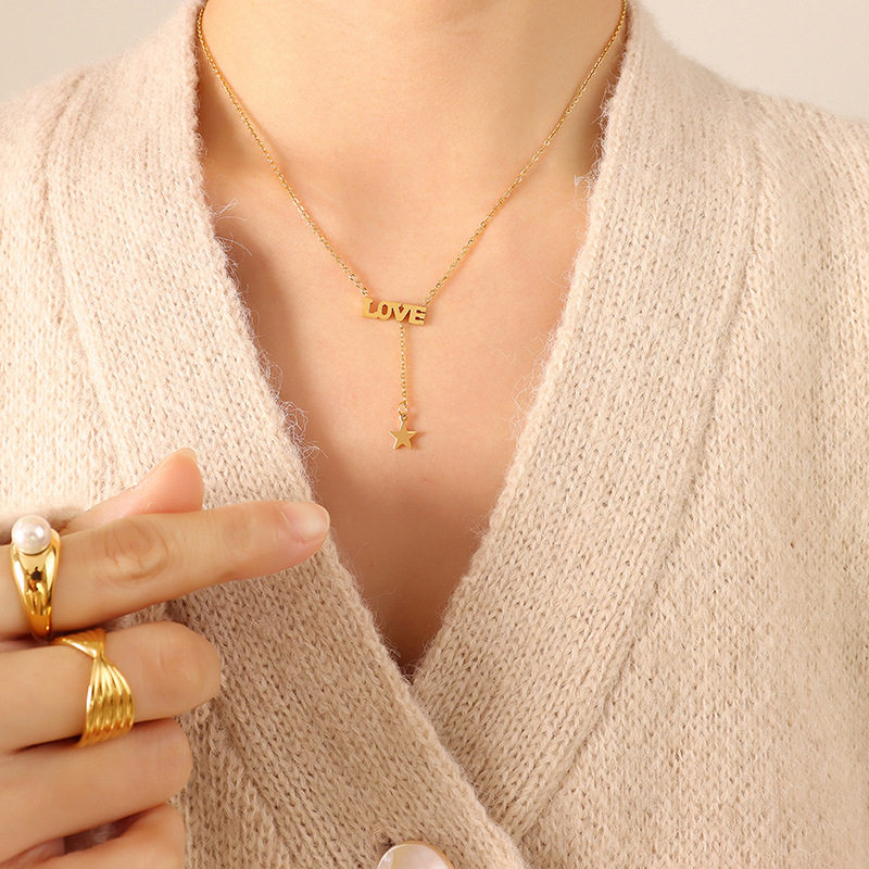 虎年性感五角星锁骨项链不锈钢材质镀三层真金颈链首饰 359高级感
