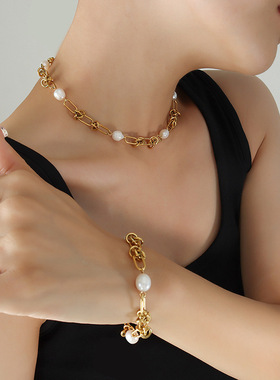 法式钛钢镀金复古优雅气质淡水珍珠扭结链条项链小众手链首饰套装