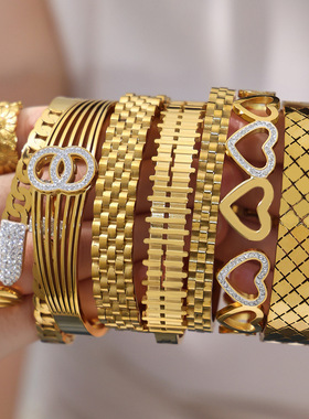 欧美热卖不锈钢几何图案镶锆石手