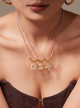 彩色绳子圆珠锁骨链26大写字母微