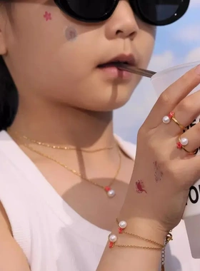 高端个性配饰儿童首饰套装珍珠星星项链手链戒指耳饰小众钛钢镀金