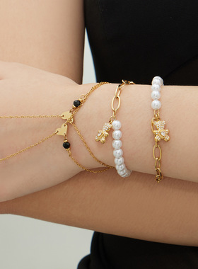 不锈钢手指链手背链镶锆石小熊珍