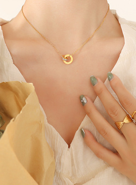 欧美个性风潮罗马带钻双环耳环项链钛钢首饰套装镀18真金不褪色