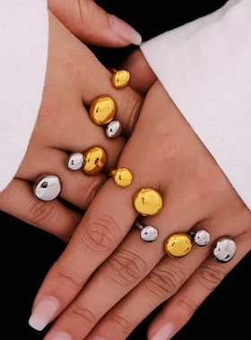 小众球型戒指钛钢镀金高端气质时尚金色开口戒个性时尚女士手饰