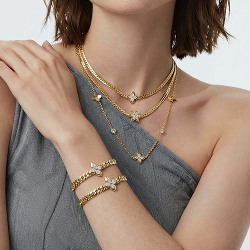 不锈钢蛇骨链手链项链镀18k金花