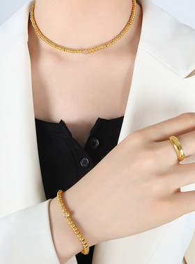 中式风ins潮钛钢镀金串珠个性时尚项链精致手链锆石吊坠首饰套装