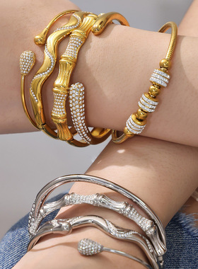 几何不规则波浪线条手镯镶钻小蛮