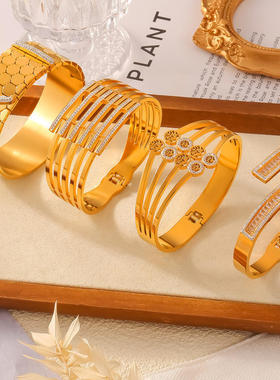 法式简约冷淡风优雅饰品几何镂空生命树镶钻设计款钛钢镀金手镯