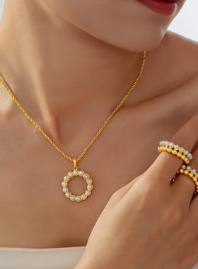 法式圆珠镶胶珠个性钛钢项链铜镀戒指首饰套装饰品圈圈高端首饰女