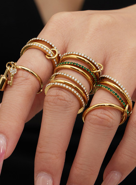 锆石叠戴套戒镶钻不锈钢镀18K金