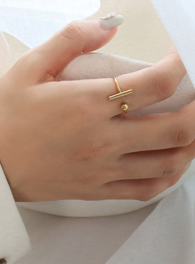 日韩ins风ring简约T字开口戒指钛