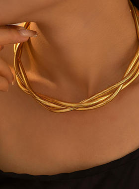 欧美风重工金色三线缠绕项圈颈链轻奢感钛钢镀18k金朋克高端项链