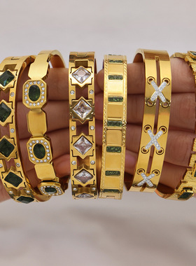 不锈钢满钻锆石卡扣手镯镀18k金