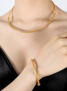 首饰三件套时尚潮流港式ins风项圈气质耳圈百搭手镯钛钢镀18K真金