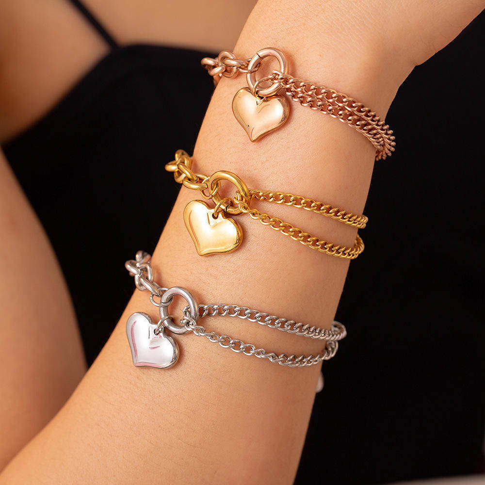 法式冷淡风格设计古巴链拼接链条爱心手链钛钢镀18k金首饰饰品