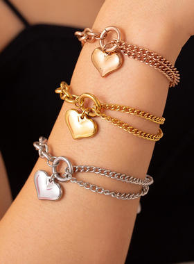 法式冷淡风格设计古巴链拼接链条爱心手链钛钢镀18k金首饰饰品