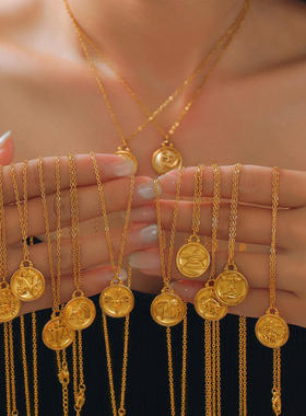 欧美个性小众镀金圆牌浮雕星星十二星座图案设计感吊坠钛钢项链女