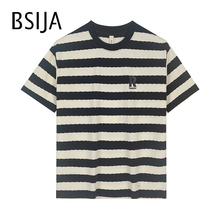 BSIJA/毕厶迦2024夏季新款男短袖T恤潮流条纹休闲时尚学生舒适T恤