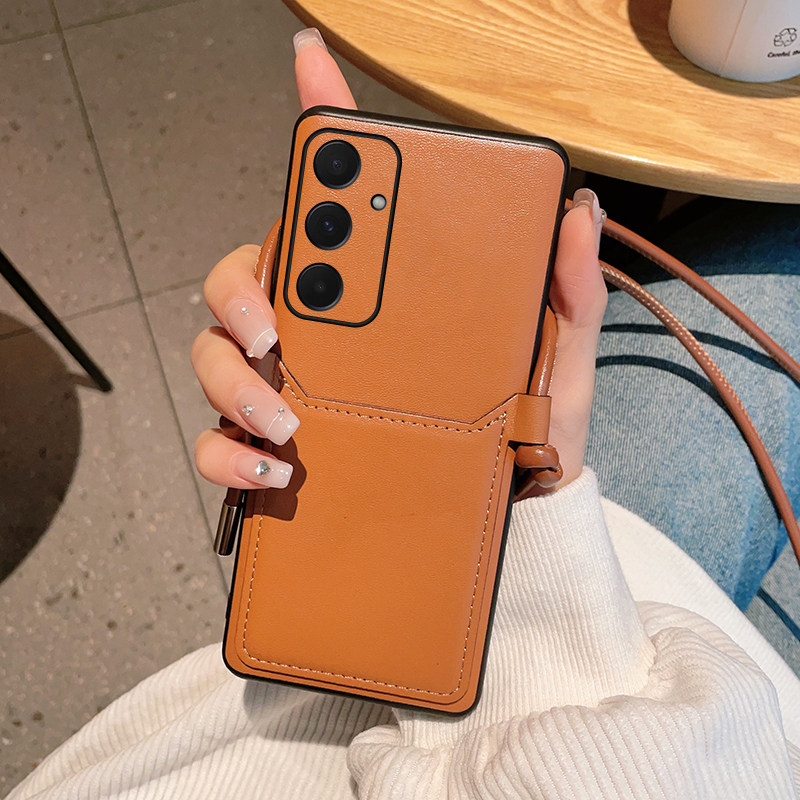 适用三星a55手机壳高级棕色斜挎卡包galaxya55可背带手机套情侣ins风