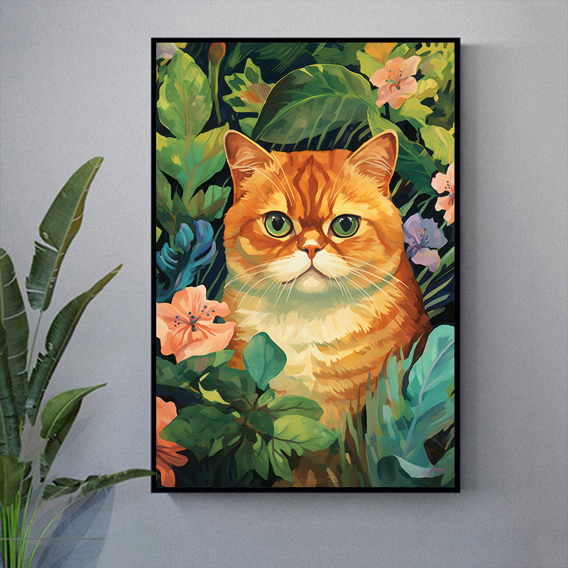 绿色花丛橘猫咪diy数字油画 手绘填色丙烯油彩画 动物宠物装饰画图片