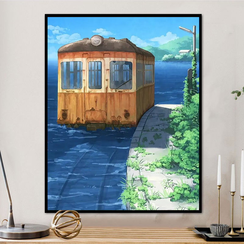 日漫风景唯美樱花火车diy数字油画 手绘填充涂色丙烯油彩画装饰画