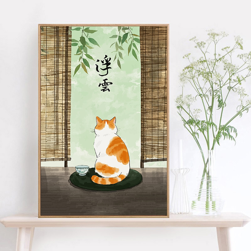 餐厅茶室中国风装饰画 可爱猫咪diy数字油画手工填色丙烯油彩画图片