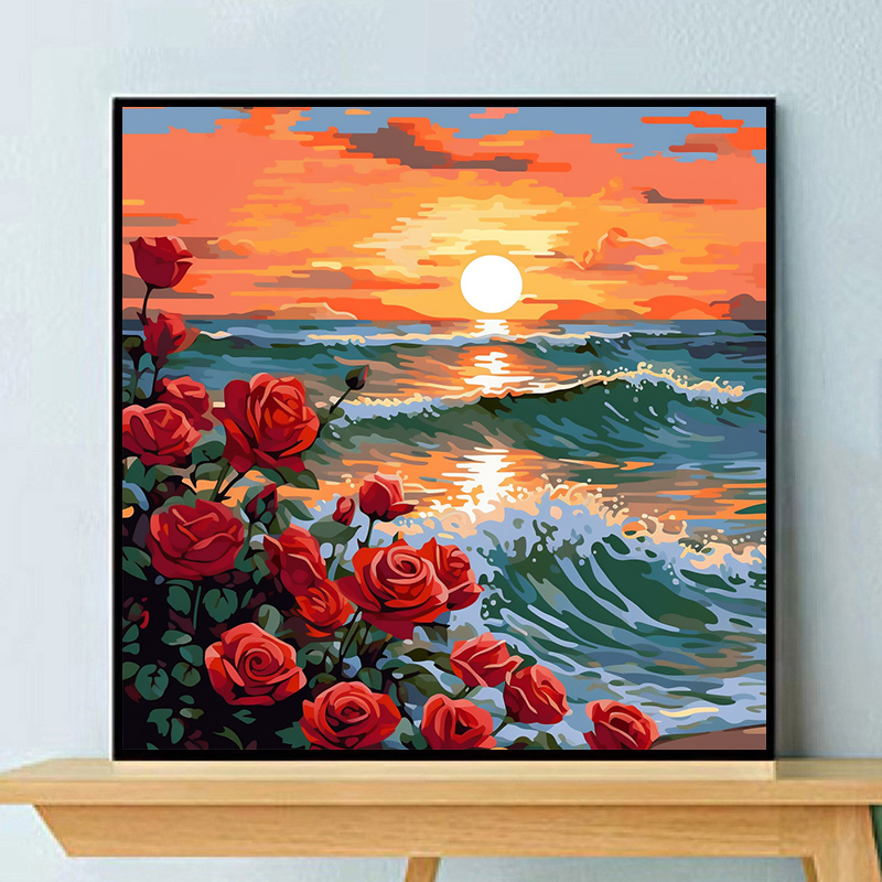 浪漫玫瑰花diy手工填色数字油画 手绘丙烯油彩画文艺术花卉装饰画图片