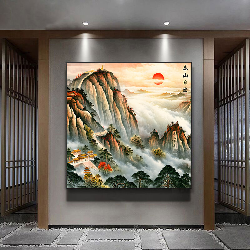 五岳泰山日出风景diy数字油画手工填色丙烯油彩画 壮丽河山装饰画