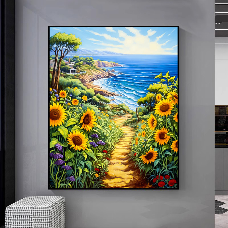 向日葵浪漫海岸风景diy数字油画 手工填色丙烯油彩画 现代装饰画图片