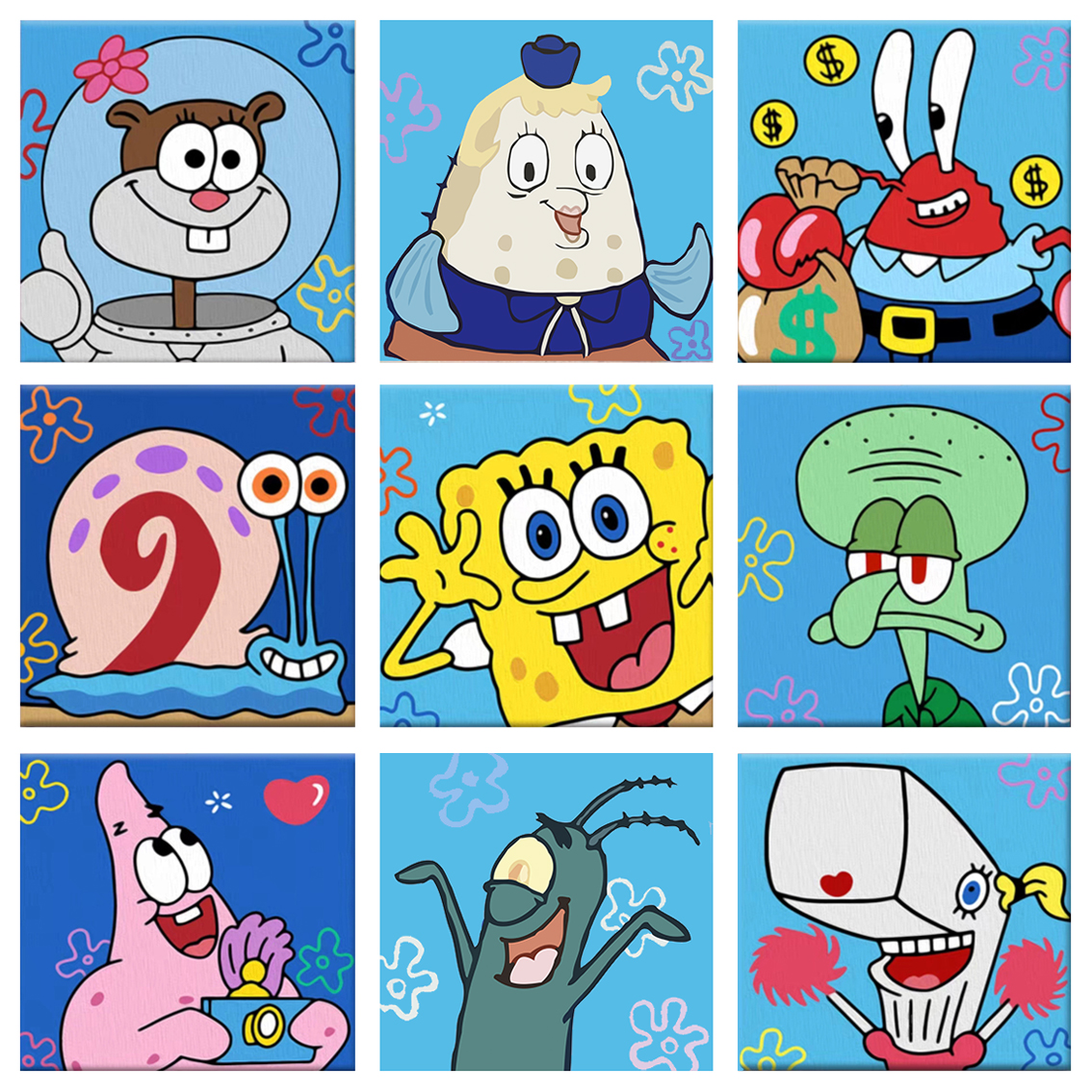 九宫格海绵宝宝派大星diy数字油画 手绘填充涂色丙烯油彩画卡通画
