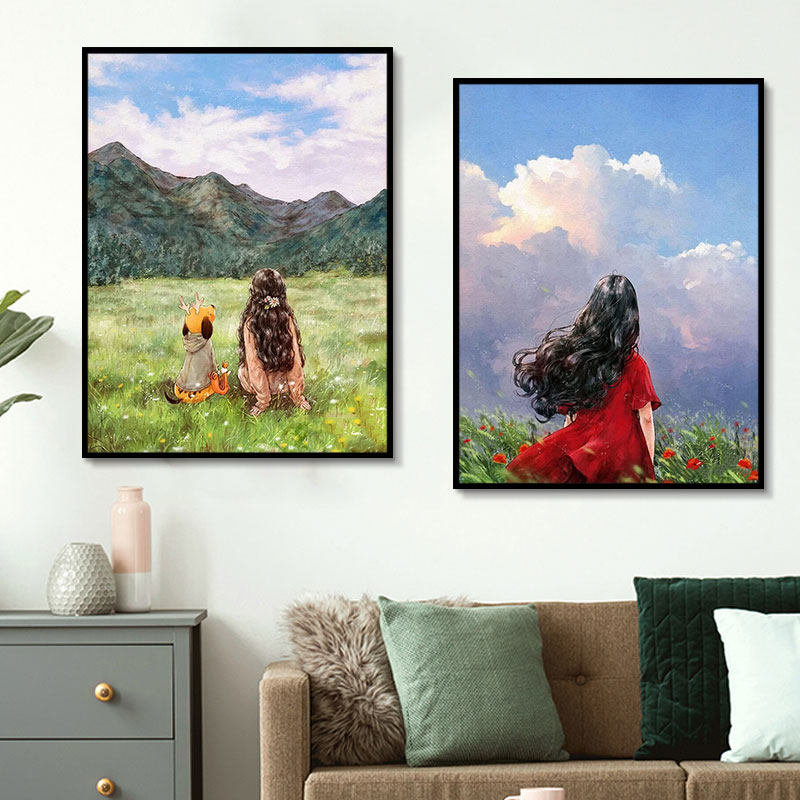 韩国治愈系女孩小清新插画diy数字油画手绘填色减压油彩画 装饰画