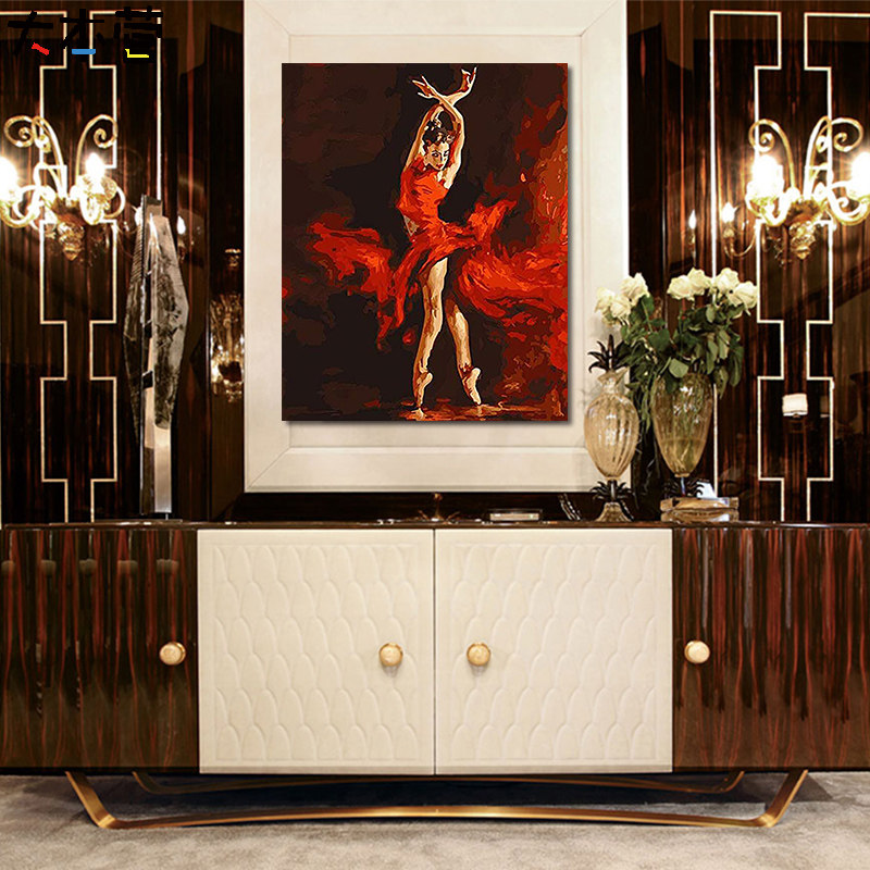 跳芭蕾舞的性感女孩热烈红色舞蹈 diy数字油画油彩画手工填色画