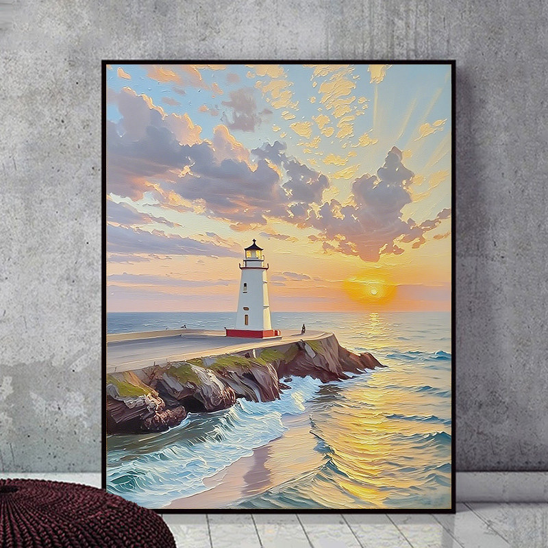 风景灯塔油画 海景瞭望塔diy数字油彩画手绘填色客厅家居装饰画