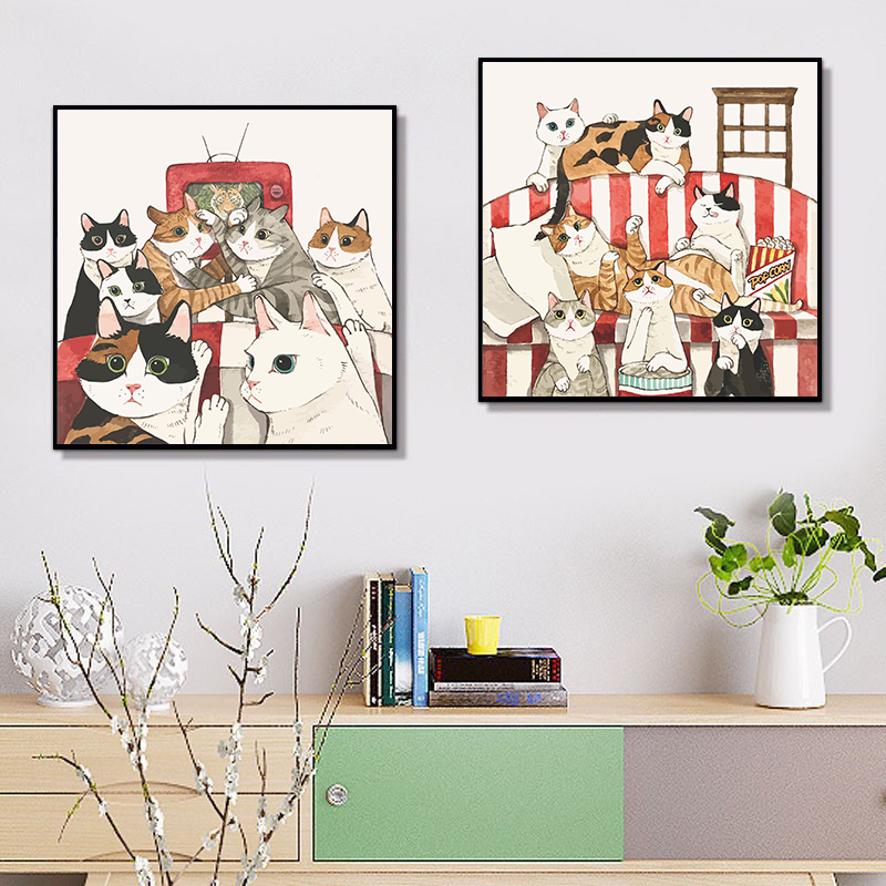 猫咪们的生活diy数字油画 手绘填色丙烯油彩画卡通可爱动物装饰画图片