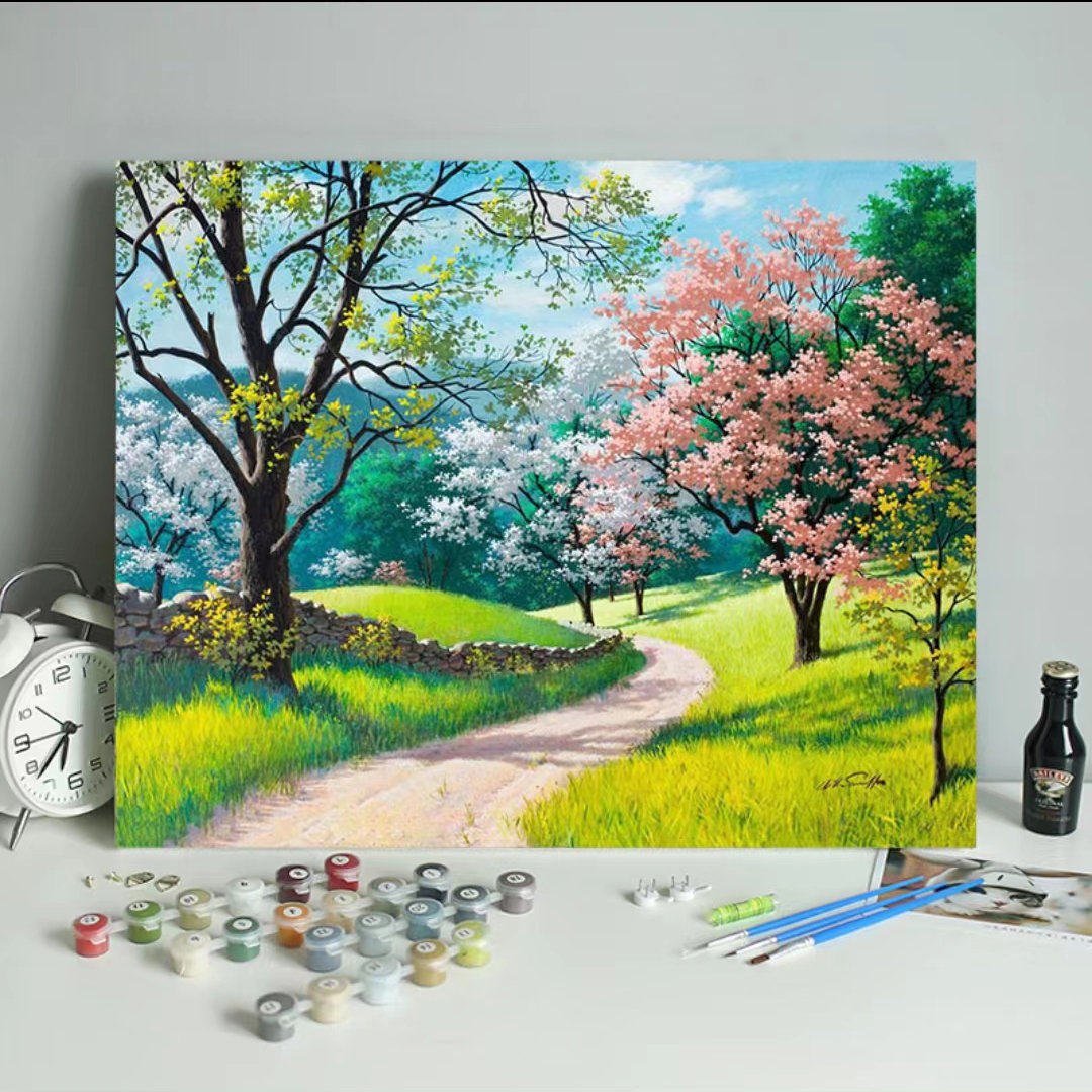 春天风景diy数字油画定制 手工填充涂色油彩画静物草花树木装饰画