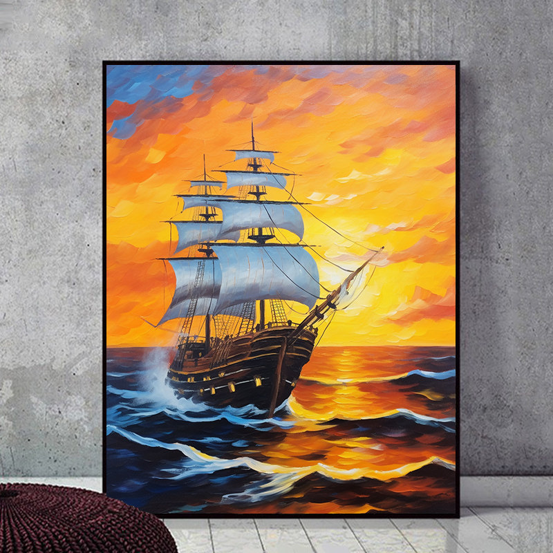 一帆风顺 海景帆船diy数字油画手绘填色油彩画 夕阳风景装饰画