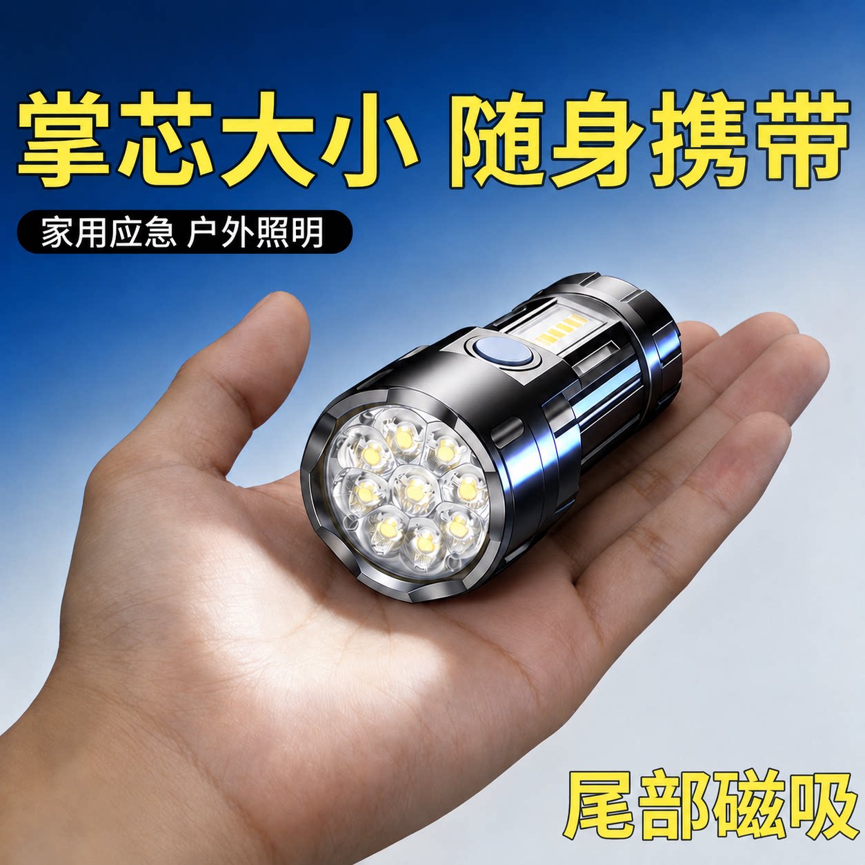 小型便携手电筒强光户外多功能迷你超亮磁吸随身家用耐用可充电款