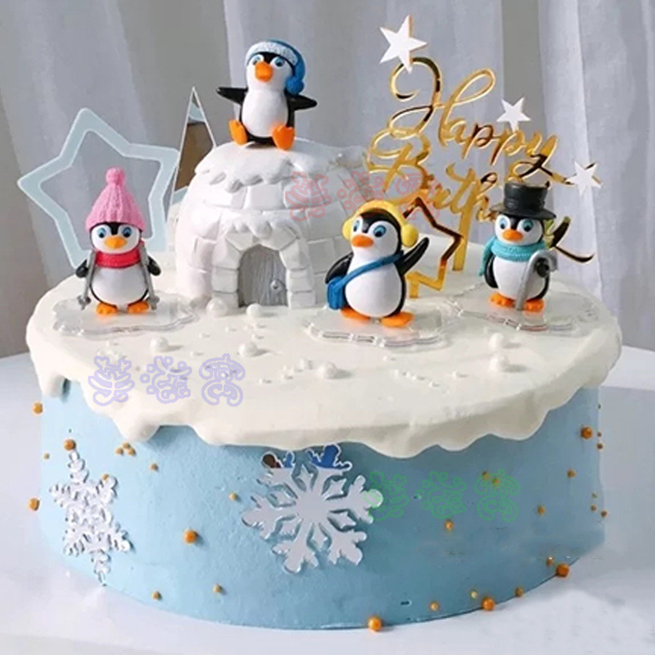 小企鹅生日蛋糕创意儿童新年滑雪冰雪主题雪地场景全国同城配送