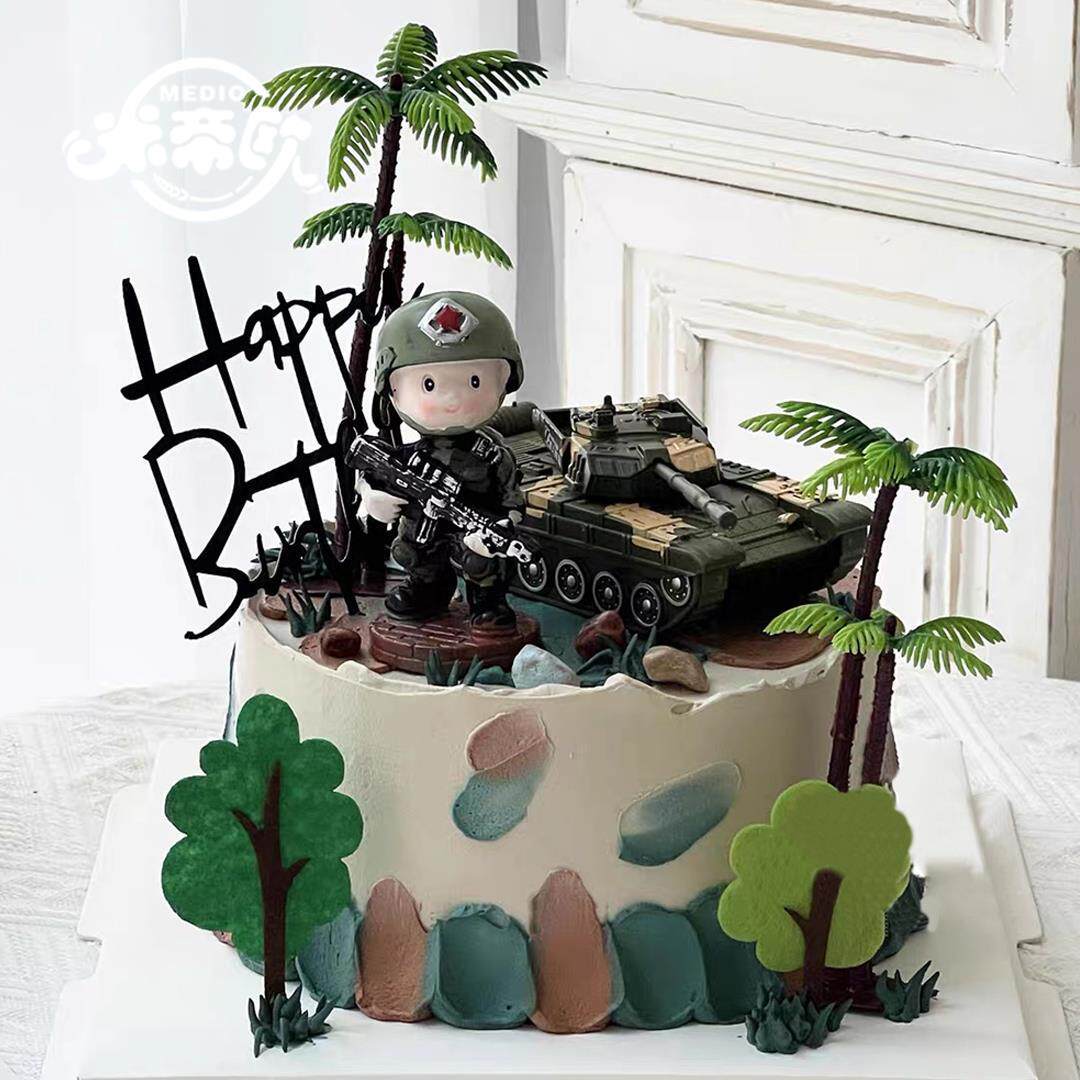 儿童创意迷彩士兵坦克动物奶油生日蛋糕动物奶油上海广州深圳同城