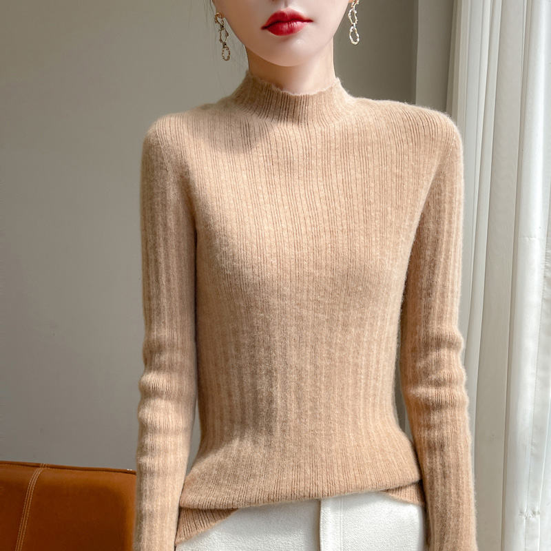 半高领坑条羊毛针织衫女