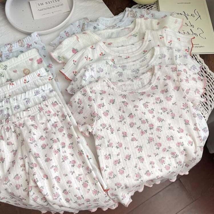 儿童夏季薄款纯棉碎花短袖七分裤睡衣套装女宝宝空调服女童家居服