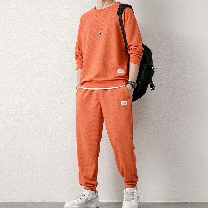 华夫格套装男秋季新款休闲运动长袖长裤两件套潮牌帅气一套装衣服