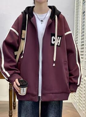 春季大童拉链连帽外套青少年学生港风卫衣宽松男生拼接秋冬夹克衫
