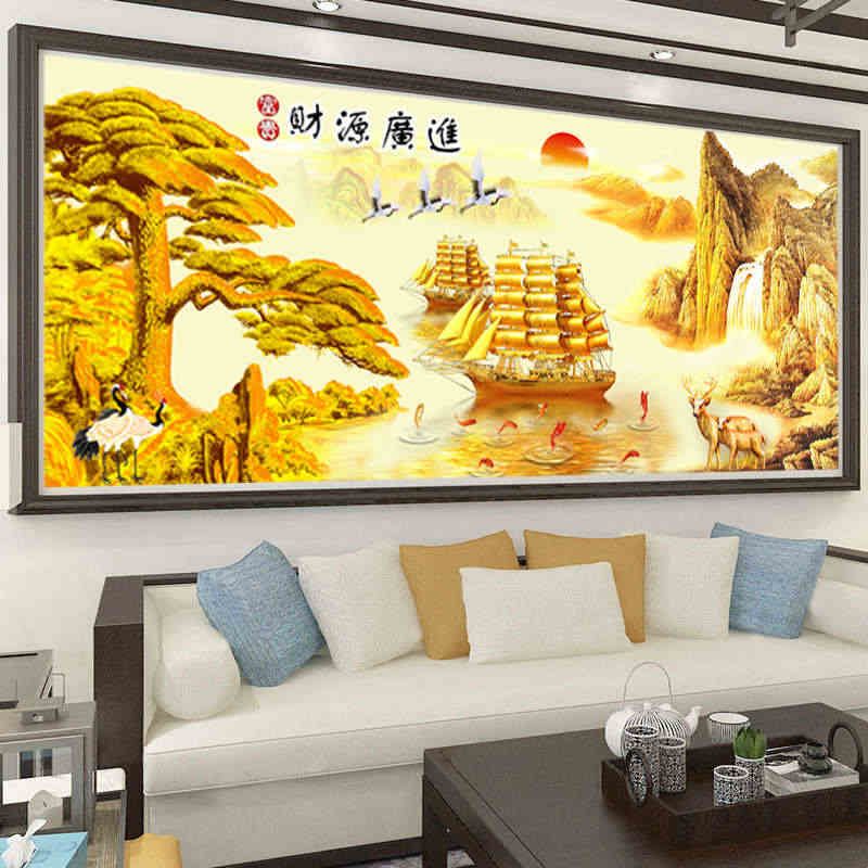 钻石绣十字绣财源广进迎客松钻石画2024新款风景一帆风顺满钻客厅