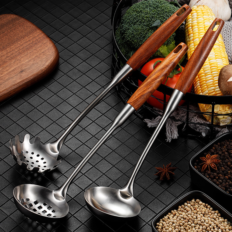不锈钢汤勺火锅漏勺家用小汤勺滤汤粉扒勺捞粉勺烹饪厨具花梨木柄