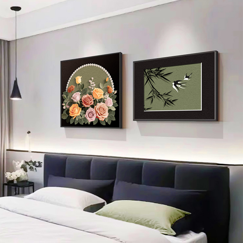 中古玫瑰卧室床头装饰画轻奢高级感法式复古主卧房间奶油风组合画图片