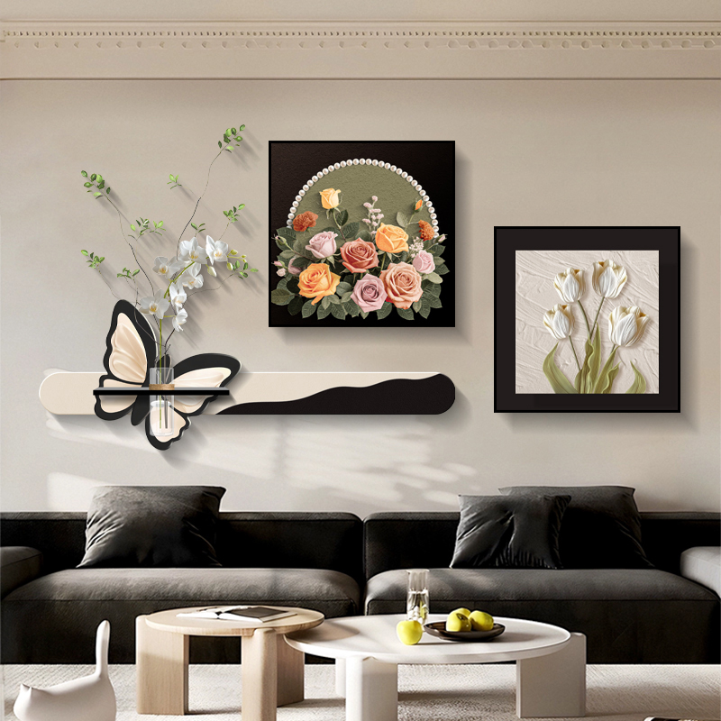 现代简约客厅装饰画轻奢高级感沙发背景墙挂画水培绿植蝴蝶花壁画图片