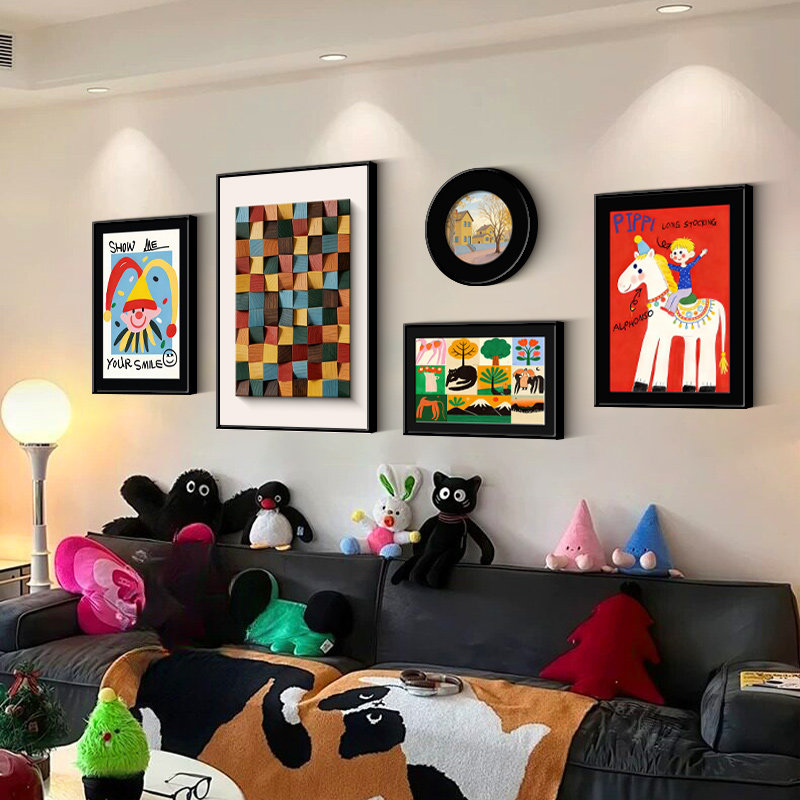 多巴胺中古客厅装饰画奶油风高级感沙发背景墙挂画卡通复古卧室画