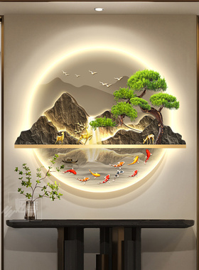 新中式玄关装饰画 画山水画 画走廊过道圆形挂画 画客厅入户迎客